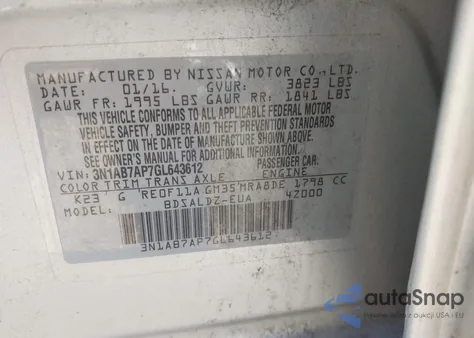 2016 Nissan Sentra Fe+ S/S/Sl/Sr/Sv from USA, damaged, VIN 3N1AB7AP7GL643612